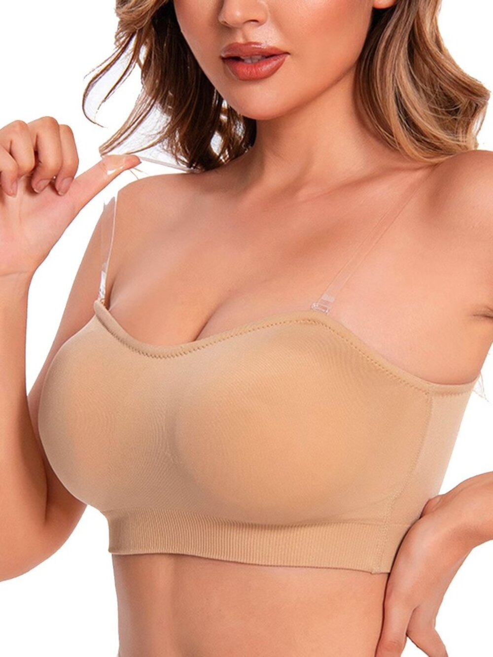 NWT Aboser Bandeau Bra Womens L Nude Strapless Bralette Clear Strap Padded